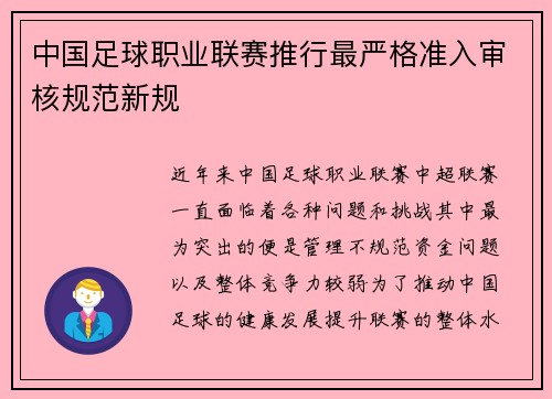 中国足球职业联赛推行最严格准入审核规范新规