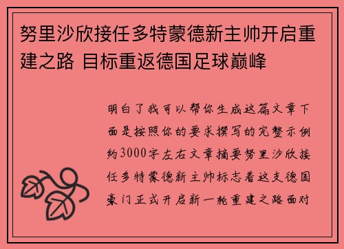 努里沙欣接任多特蒙德新主帅开启重建之路 目标重返德国足球巅峰